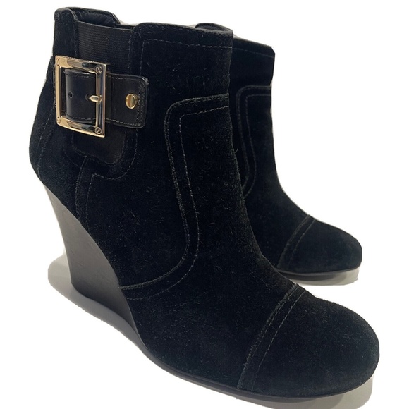 Tory Burch Shoes - Tory Burch Adrienne Chelsea Boots 7.5 Gold Buckle Black Suede Leather Wedge Heel
